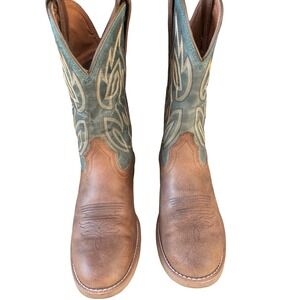 Justin Western Cowboy Boots Men's 9D Brown Green Leather Square Toe